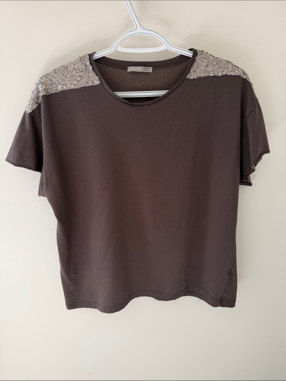 Zara Chocolate Brown Short Sleeve Tee with Sequin-Trimmed Shoulders